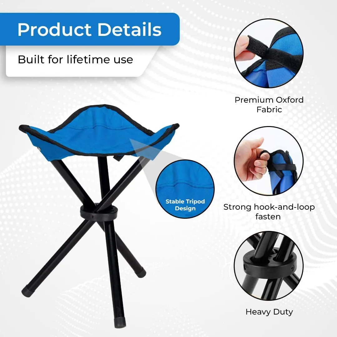 Kuber Industries Portable Portable Stool for Travelling|Foldable Outdoor Sitting Chair|Tripod 3 Leg Chair for Camping, Picnic, Hiking|Blue - Set of 2