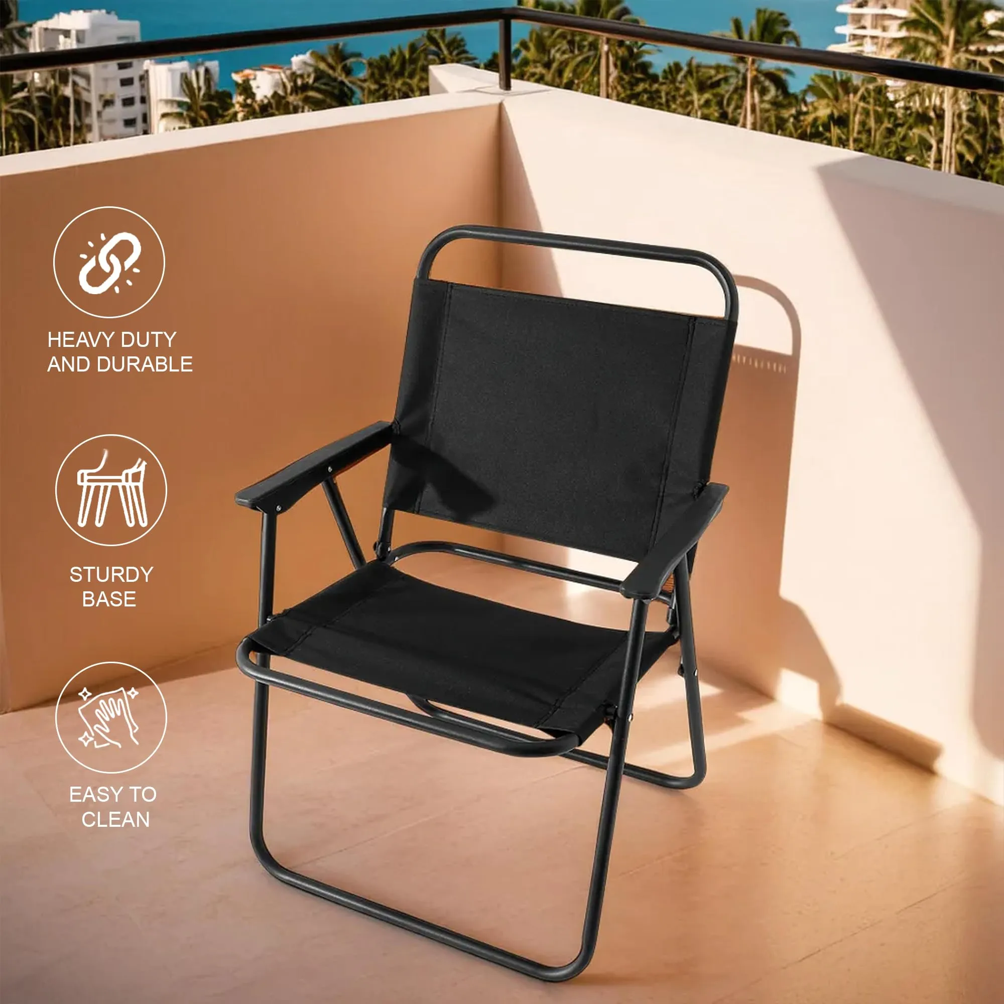 Kuber Industries (Set of 4) Portable & Foldable Chair for Travelling - Small Camping Cloth Kurchi for Outdoor Beach & Home Aram - Black