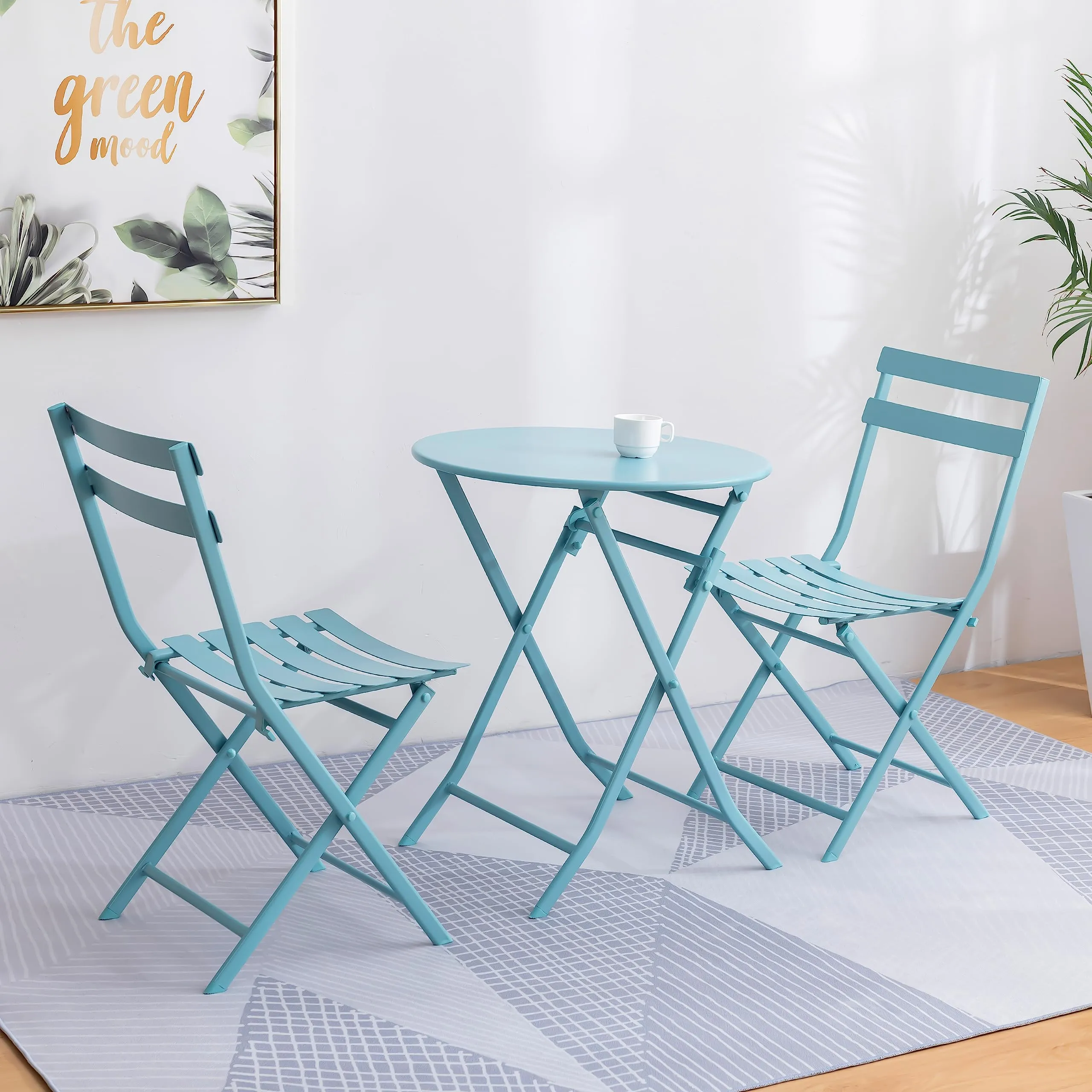 Livzing Metal Camping Foldable Table & Chair Set-Bistro Table Set Portable Folding & Indoor/Outdoor Coffee/Patio Table Set for Dinning, Living Room,Balcony,Lawn & Garden-Blue - 23.62X23.62X27.56 Inch