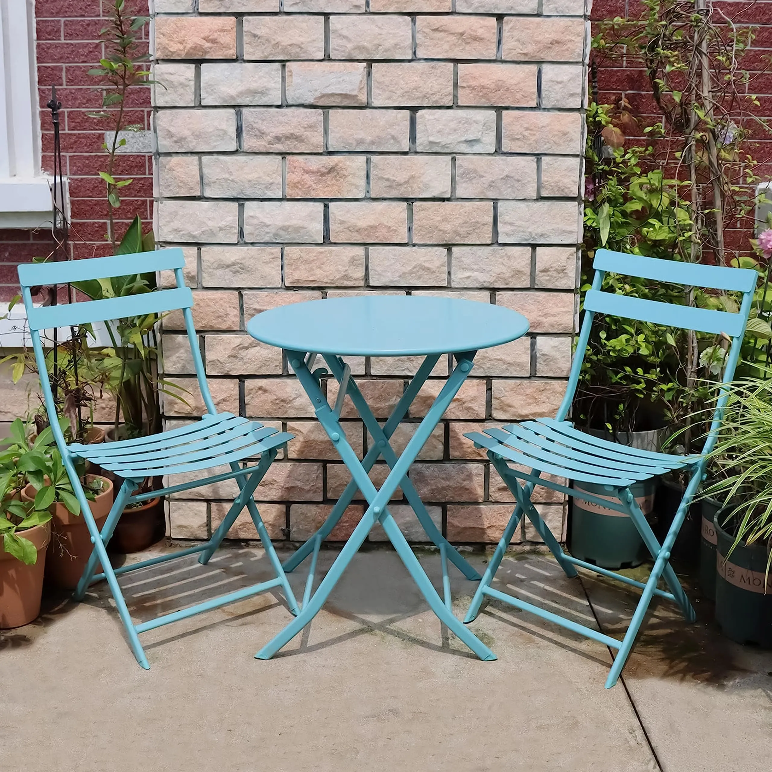 Livzing Metal Camping Foldable Table & Chair Set-Bistro Table Set Portable Folding & Indoor/Outdoor Coffee/Patio Table Set for Dinning, Living Room,Balcony,Lawn & Garden-Blue - 23.62X23.62X27.56 Inch