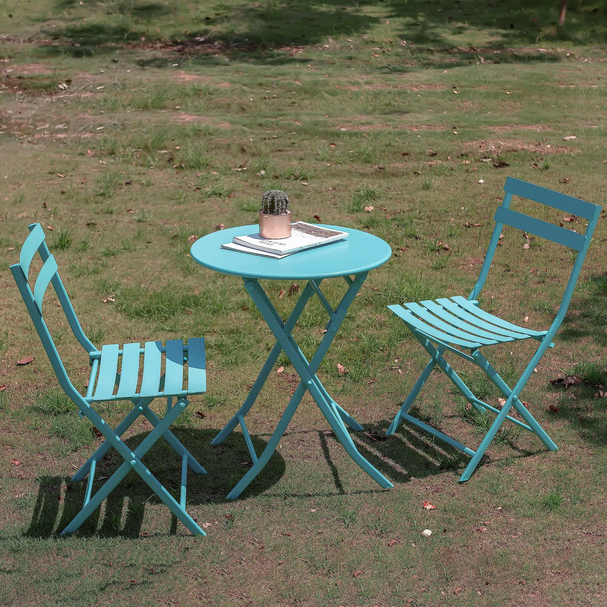 Livzing Metal Camping Foldable Table & Chair Set-Bistro Table Set Portable Folding & Indoor/Outdoor Coffee/Patio Table Set for Dinning, Living Room,Balcony,Lawn & Garden-Blue - 23.62X23.62X27.56 Inch