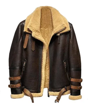 Mens Brown B3 Fur Shearling Flight Leather Jacket