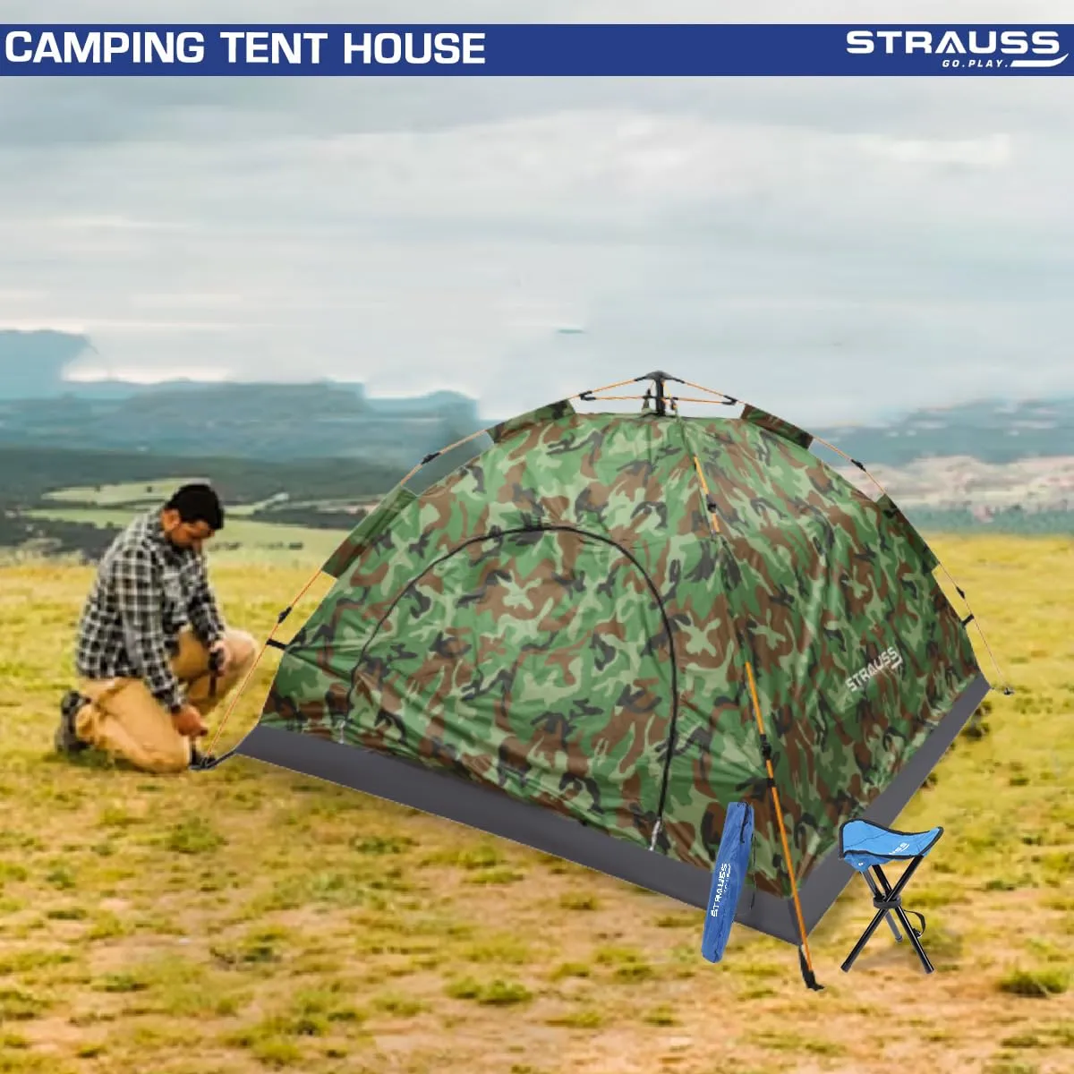 STRAUSS Portable Tent for Camping | Ideal for 4 Persons | Easy Setup for Picnic, Hiking, Trekking, Outdoor | Waterproof and Windproof with Extra Top Layer | Superior Air Ventilation (Blue and Pink)