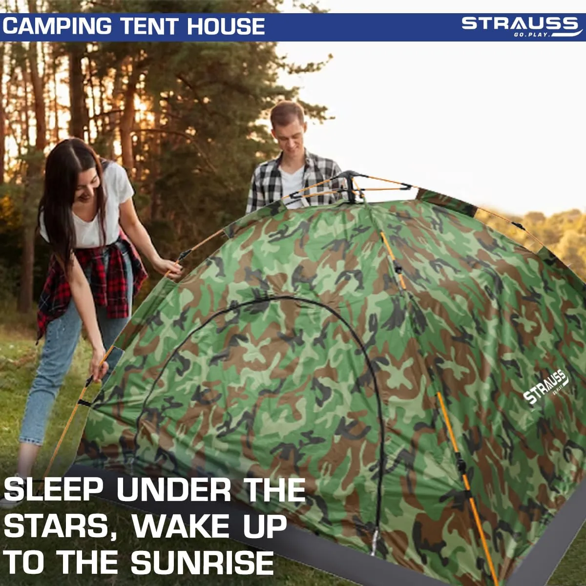 STRAUSS Portable Tent for Camping | Ideal for 4 Persons | Easy Setup for Picnic, Hiking, Trekking, Outdoor | Waterproof and Windproof with Extra Top Layer | Superior Air Ventilation (Blue and Pink)