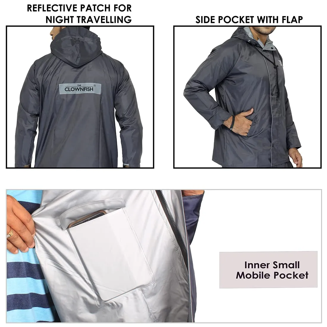 THE CLOWNFISH Rain Coat Waterproof Full Length With Pants Polyester Reversible Double Layer Rain Coat For Men Bike Rain Suit Rain Jacket Suit Inner Mobile Pocket With Storage Bag(Grey, X Large)