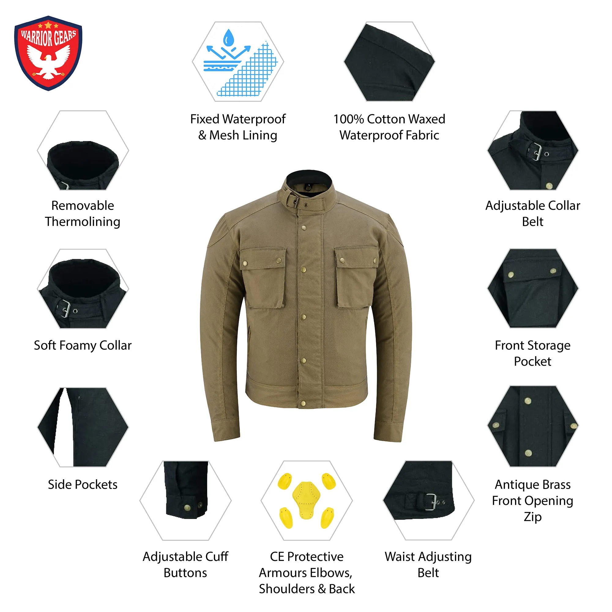 Warrior Gears® Shirt Style Short Body Mens Wax Cotton Waxed Motorcycle Jacket with CE Protective Armours Waterproof Breathable Mesh Lining - TAN